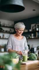Happy mature woman making healthy green smoothie in modern kitchen