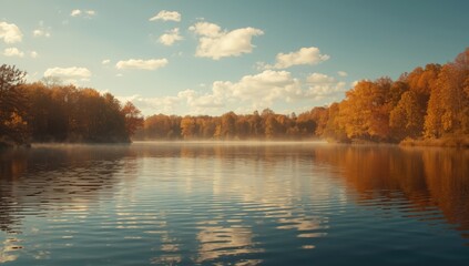 Lake scene during fall with mirror-like water reflecting trees and sky, environmental preservation