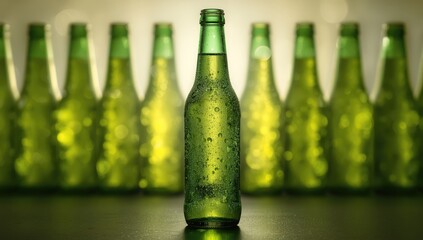 Bubbles rising in a cold beer within a green bottle used as a wallpaper background to highlight effervescent textures