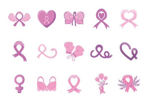 Purple And Pink Breast Cancer Awareness Ribbon Female Illustrations Set
