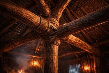 Detailed rustic wooden ceiling joints in traditional hut architecture