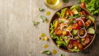 Vegetarian mixed greens salad featuring tomato cucumber pepper onion and lettuce, suitable for food background, summer, World Vegetarian Day