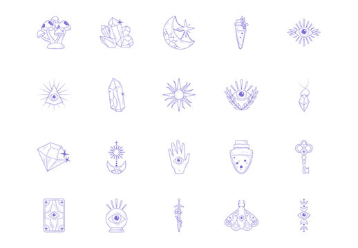 Purple Magic Crystal Eye Symbolic Mystical Witch Illustrations Set