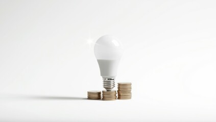 Energy saving light bulb and stacks of coins on a white background, highlighting financial benefits of eco-friendly lighting