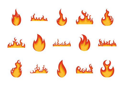 Red And Yellow Fire Flame Burning Heat Danger Illustrations Set