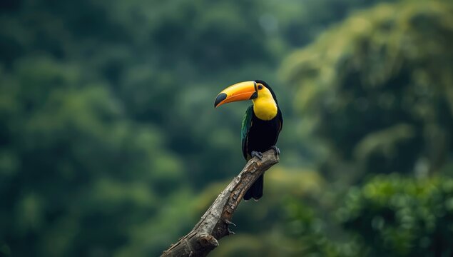 Colorful toucan with vibrant yellow and black feathers in lush green mountain vegetation, highlighting rainforest biodiversity