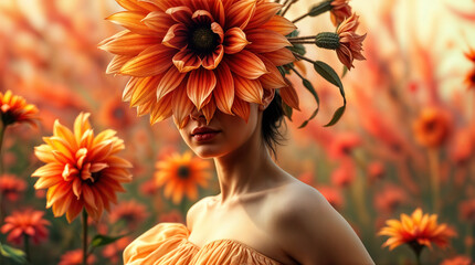 Woman with flower head wearing dress in a colorful setting with flowers and a table displaying nature theme