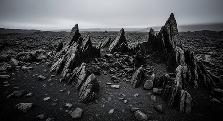 Black and White Rocky Landscape: An evocative black and white photograph showcases a dramatic landscape of jagged, rock formations stretching into the horizon, under a cloudy, atmospheric sky. 