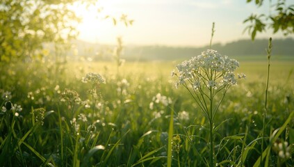 Obraz premium Morning dew on shepherd's purse, highlighting plant's hydration and vitality, World Environment Day