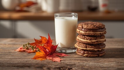 Cold milk alongside intricate chocolate caramel lace cookies, suitable for a sweet snack during seasonal celebrations