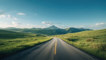 Mountain landscape featuring a country road and lush meadow under a clear blue sky, highlighting rural connectivity and seasonal change