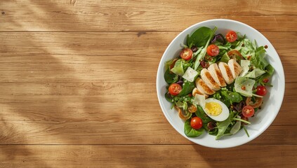 Healthy salad with grilled chicken, leafy greens, and vegetables on a rustic wooden background, highlighting diet-friendly options