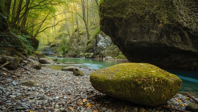 Moss-covered rocks in Ehrbach Gorge serve as a rugged terrain for hiking and nature study