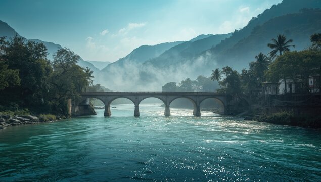Structural bridge over the vibrant turquoise waters of the Ganges in Rishikesh, supporting transportation routes