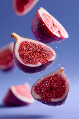 Fresh fig levitation concept with droplets for beauty, skincare and food visuals.
