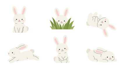 Obraz premium Cute bunny collection in playful poses on white background. Flat vector illustration.