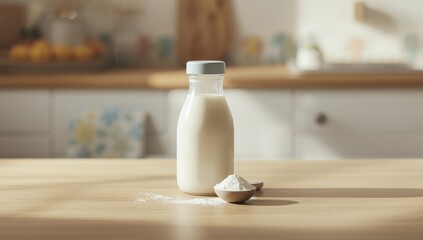 Bottle of milk for baby feeding with powdered milk in spoon, highlighting early nutrition and feeding safety