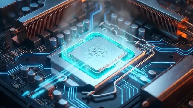 Glowing processor on motherboard circuit with thermal heat sink and dynamic blue cooling circuitry