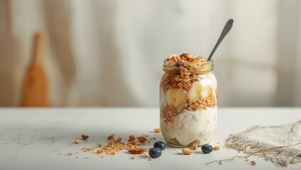 Granola with yogurt, banana, nuts, chocolate, and honey served in a glass, nutrition and texture for a breakfast setting