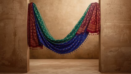 Multicolored shawls draped on a wall, traditional Indian clothing, textile display, World Textile Day
