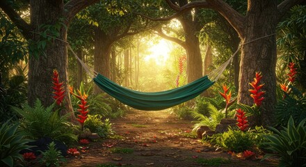 A serene hammock waits beneath sun-dappled trees in a lush forest
