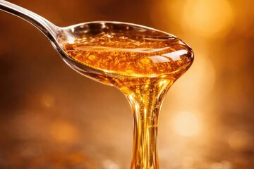 A spoon releasing a thick flow of golden honey with a glistening texture