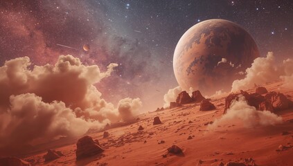 Red planet landscape in outer space highlighting extraterrestrial geology, used as background for space exploration content