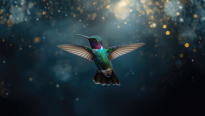 Hummingbird with shimmering plumage in flight near blossoms, highlighting its small size and agility, World Bird Day