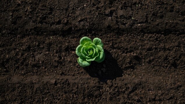 Image of a garden bed featuring lettuce and cabbage greens in dirt, highlighting sustainable cultivation practices