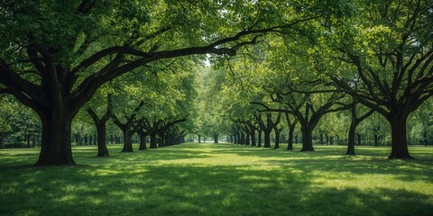 Obraz premium Green leaves and trees forming a lush background, suitable for editorial header design