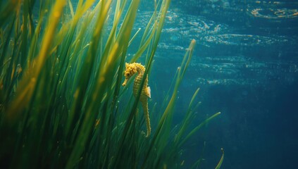 Macro image of a Yellow White's Seahorse blending into underwater sea grass, highlighting marine biodiversity