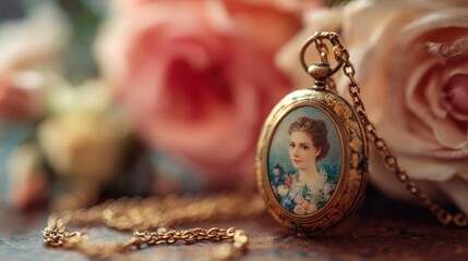 A close-up of a vintage locket opening to reveal a tiny painted portrait of a loved one, soft focus background with blurred roses, 8k, realistic, full ultra HD, high resolution, cinematic photography
