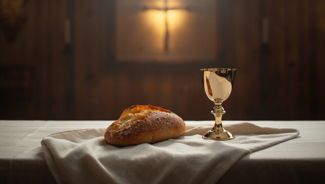 Loaf of bread and glass of wine used in ceremonial communion, highlighting religious practice