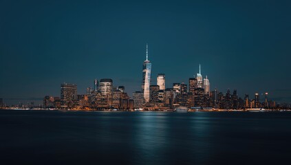 Fototapeta premium City skyline at night featuring brightly lit buildings, ideal for use as an editorial background or layout