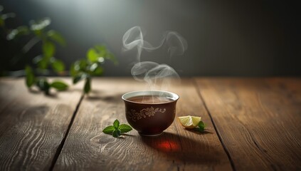 Tea cup with an Asian design resting on a wooden surface, emphasizing cultural beverage practices