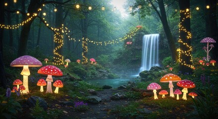 Magical forest with glowing mushrooms, waterfall, and string lights