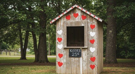 Rustic kiosk adorned with hearts in a park setting