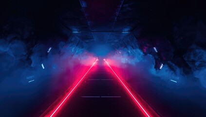 Dark corridor featuring intersecting light rays and a red laser, with smoke and dust particles, used as an abstract UI backdrop