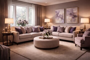 Comfortable living area with violet and beige palette, carpeted floor, and fabric seating