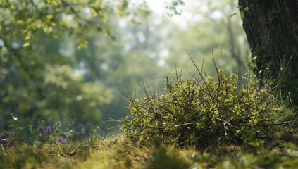 Thorny branches forming a protective barrier around shrubbery, natural security measures