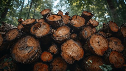 Close-up of felled logs in a forest scene, emphasizing forestry activity and wood processing, Arbor Day