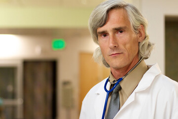 Medical doctor with distinguished gray hair and a white lab coat looks directly at the camera with a serious and professional expression, ready to provide care and expertise in a healthcare setting.