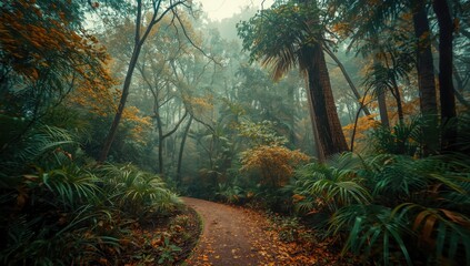 Tropical jungle with a walking trail on a misty morning, serving as a nature-themed background, Earth Day