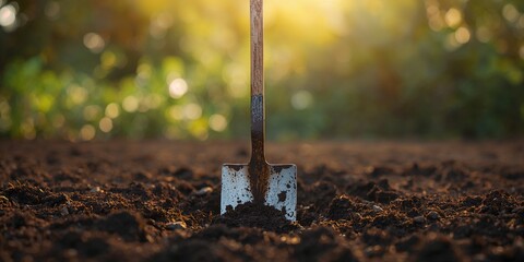 Old shovel with a wooden grip positioned in a soil excavation site, tool for digging or repairs