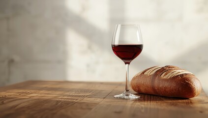 A wine glass and bread on a plain surface, suited for a refined dining background