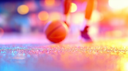 Basketball player dribbling a ball during a vibrant evening game