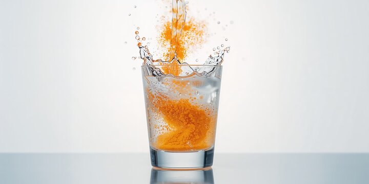 Powdered orange cold paracetamol and salicylamid poured into a glass of water for medical use, focusing on solubility, World Health Day