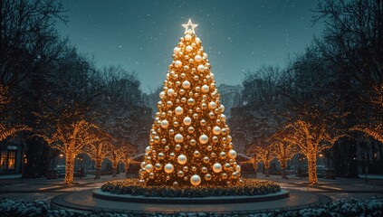Outdoor Christmas tree adorned with gold and white ornaments and lights, set against a park and cityscape during the holiday season