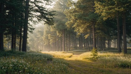 Obraz premium A dense coniferous forest with tall pine trees, suitable for environmental or ecological studies