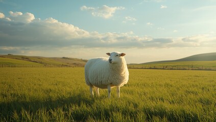 Fototapeta premium Sheep resting on vibrant grassland, suitable for pastoral scene backgrounds